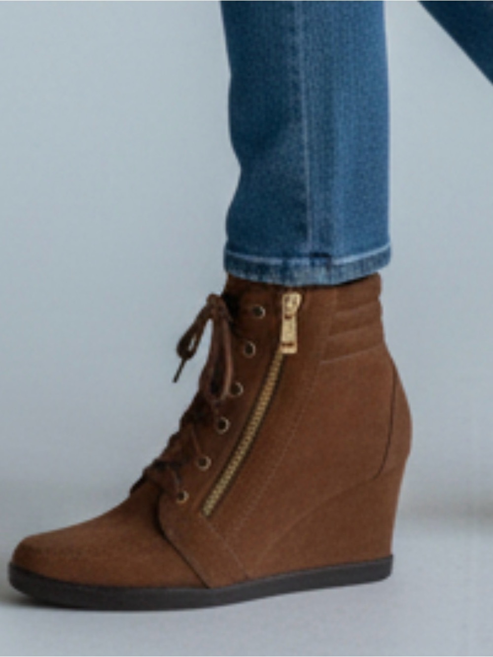 Forever New Brown Lace-Up Wedge Boot with Gold Zip Detail never worn